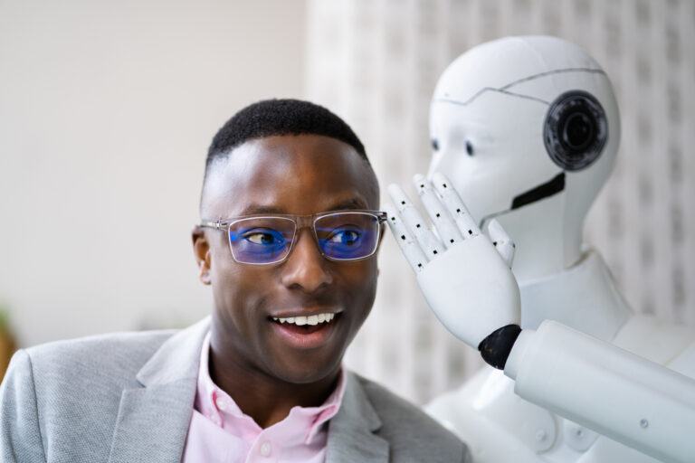 ai robot whispers secrets to smiling human