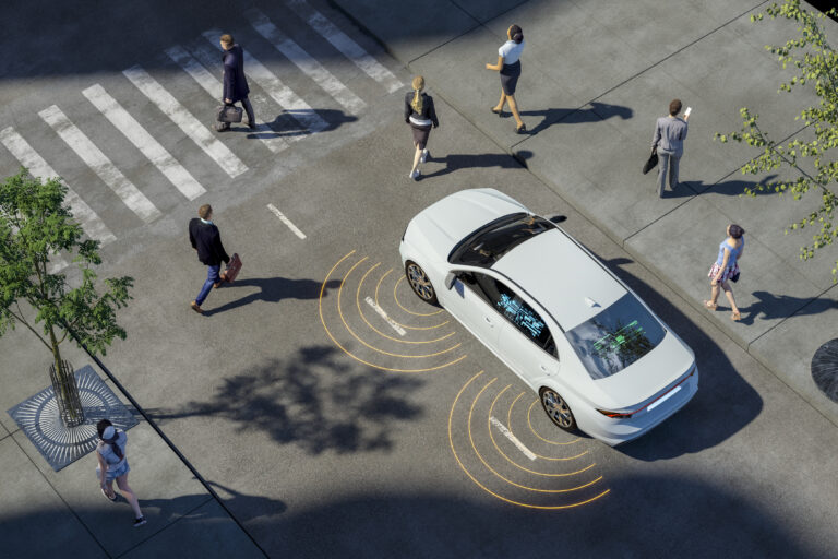 a digital render of a self driving car stopped at a cross walk surrounded by people