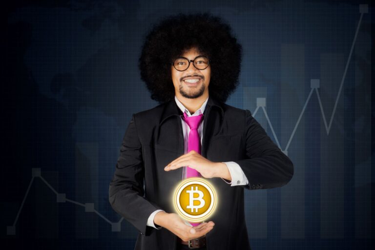 person in a suit with an image of bitcoin in front of them